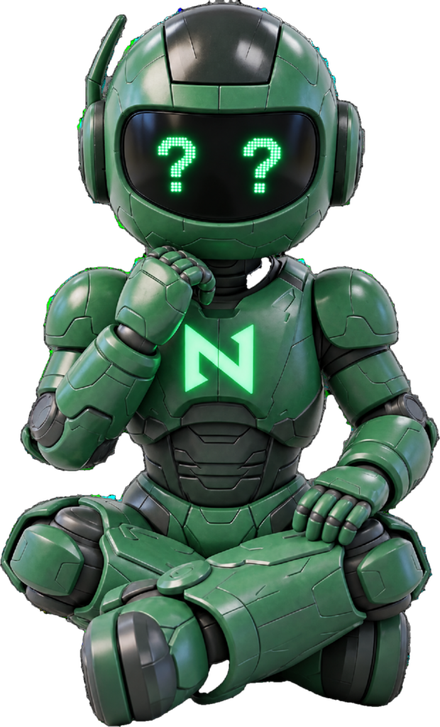 Mascote robô da Nexus Group pensativo, com pontos de interrogação nos olhos