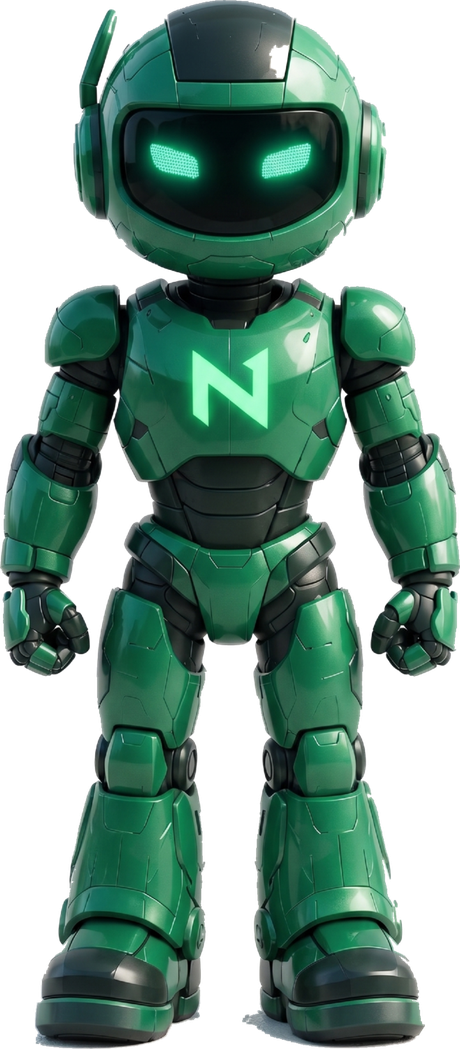 Mascote robô da Nexus Group com o N iluminado no peito